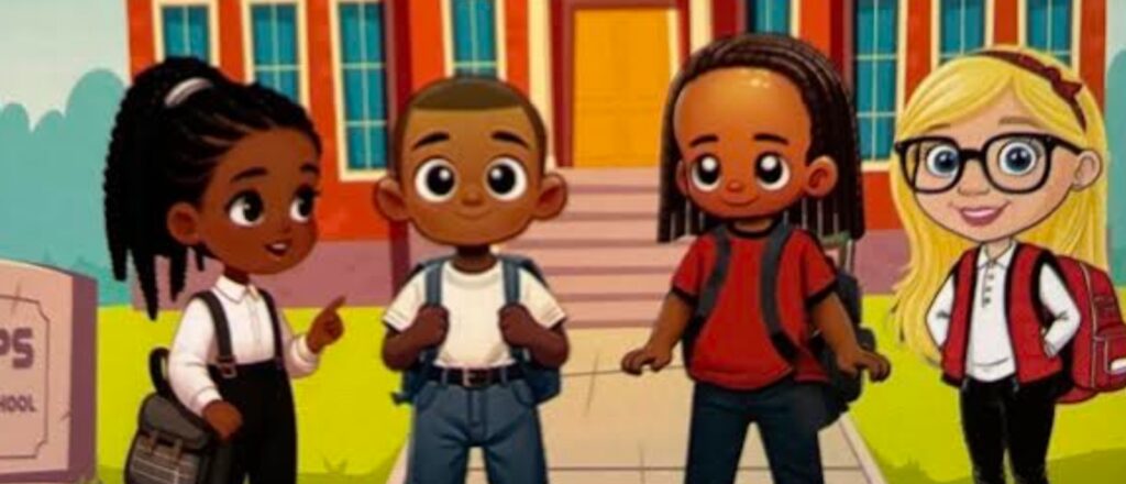 Jay's World characters standing in front of their school