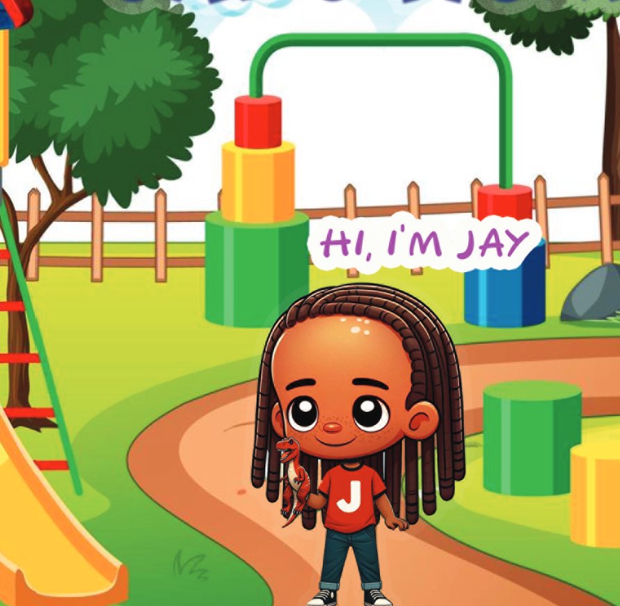 Jay, the Jay's World character, standing in a colorful playground
